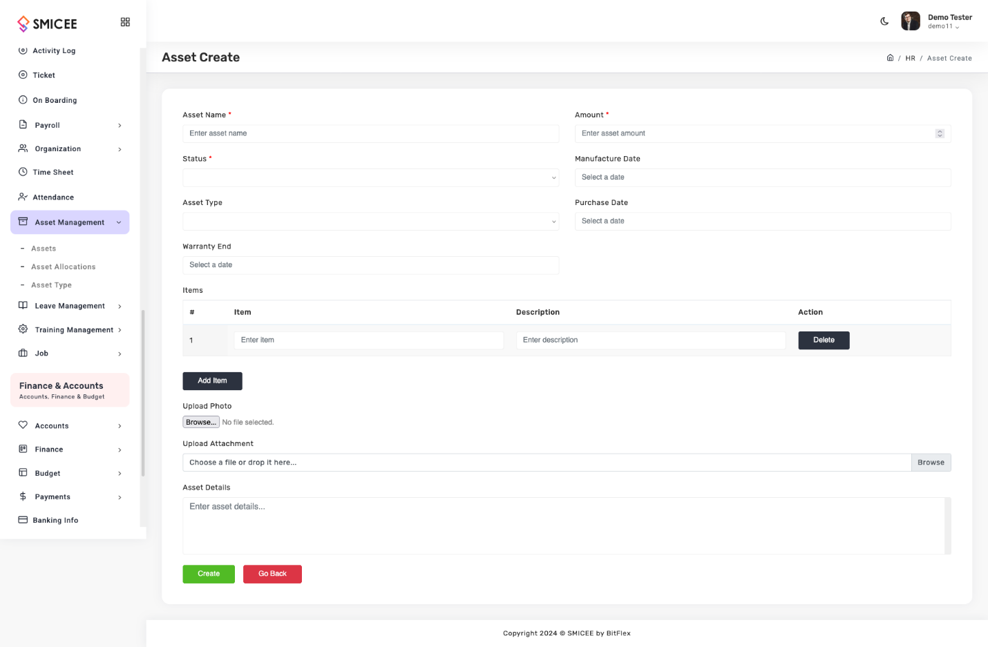 Create asset form