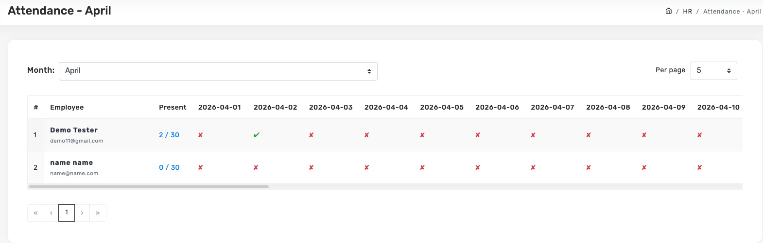 Monthly attendance grid