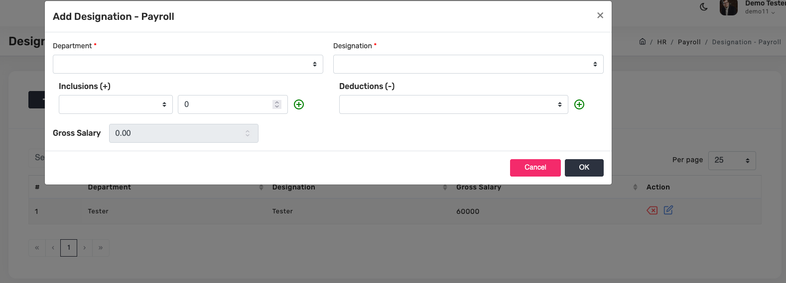 Designation payroll dialog
