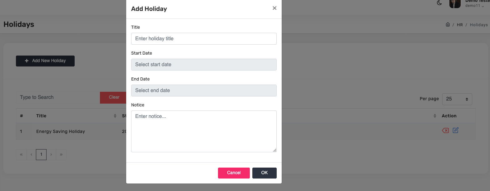 Add holiday dialog