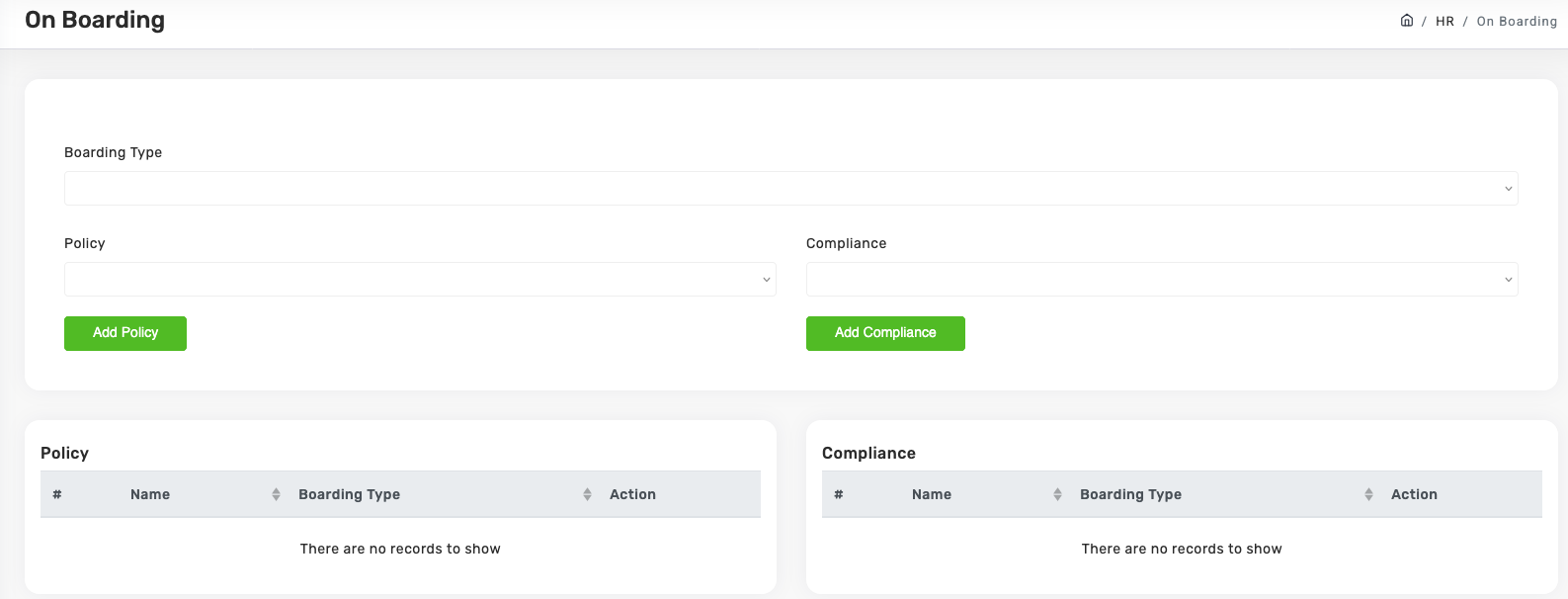 Onboarding setup screen with policy and compliance tables