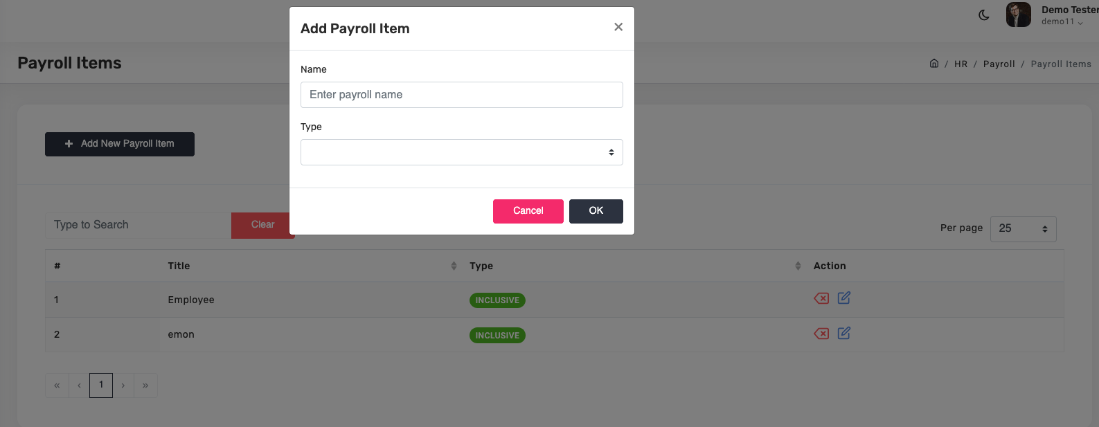 Payroll items list with add dialog
