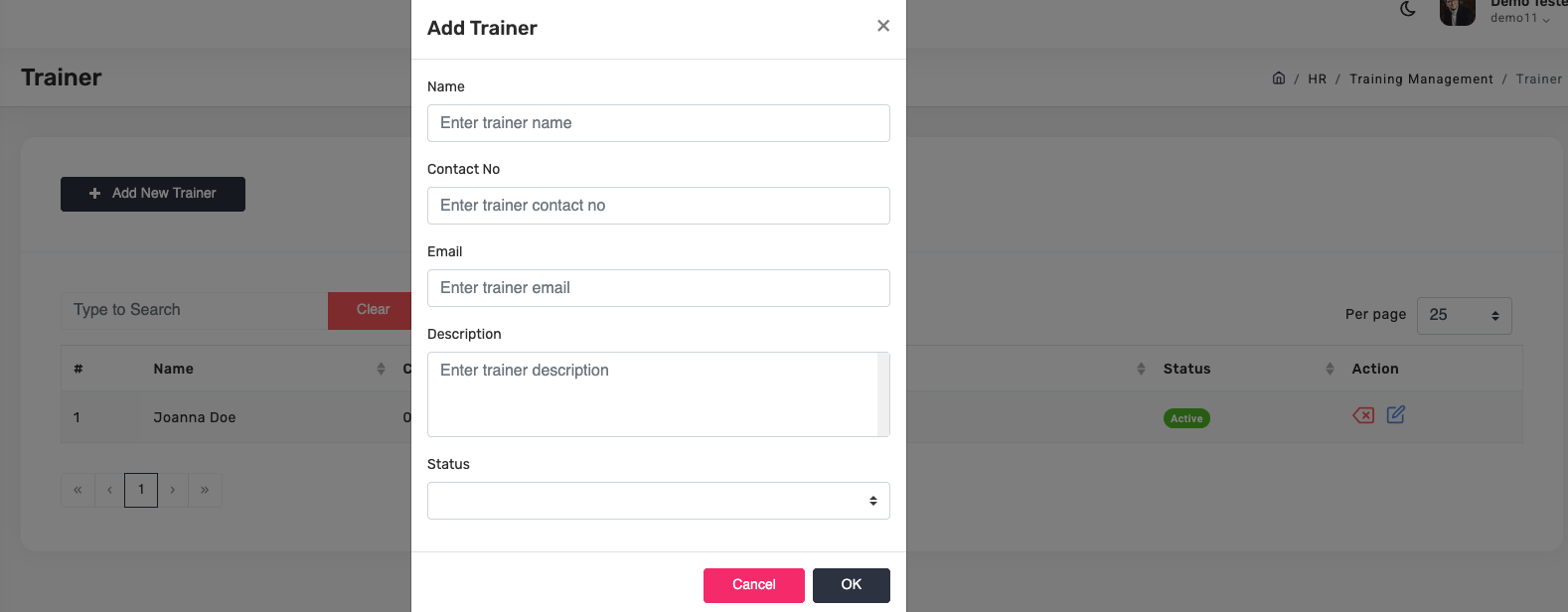 Add trainer dialog