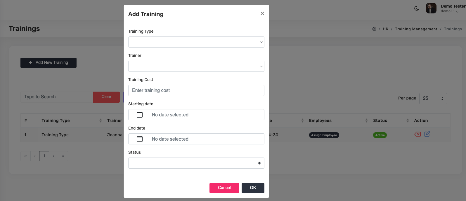 Add training modal