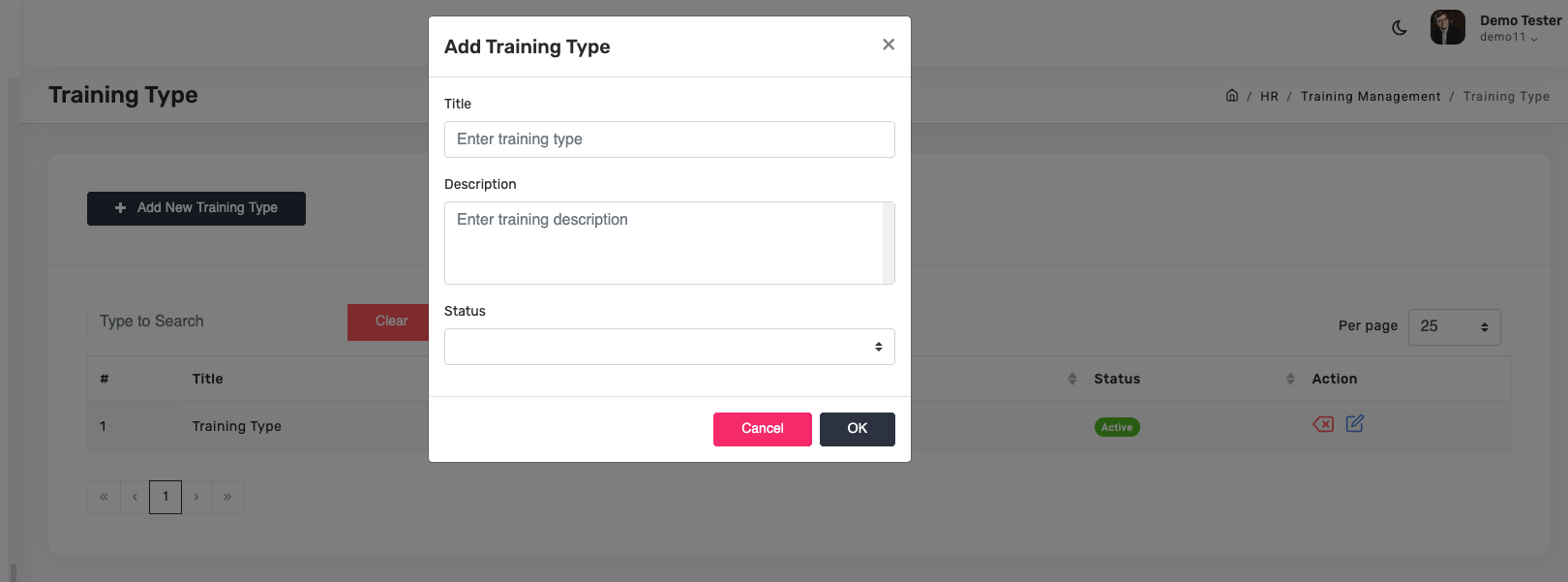 Training type dialog