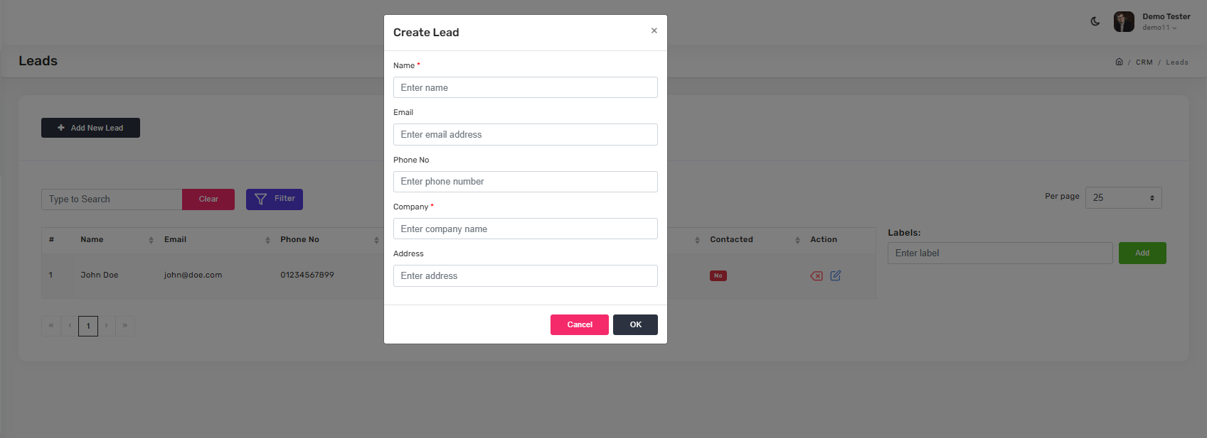 Add new lead dialog