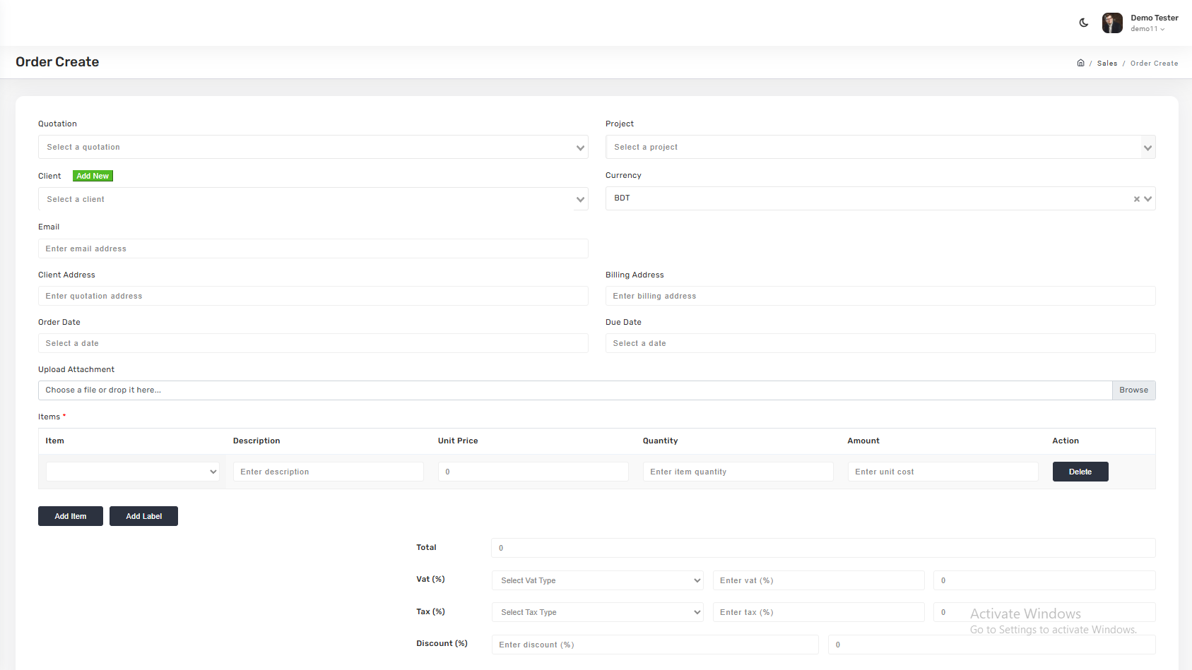 Create order form