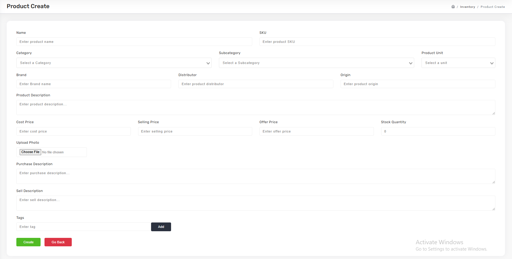 Create product form