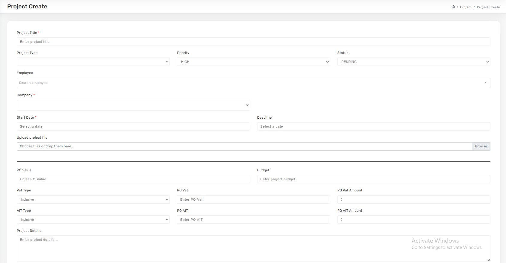 Create project form