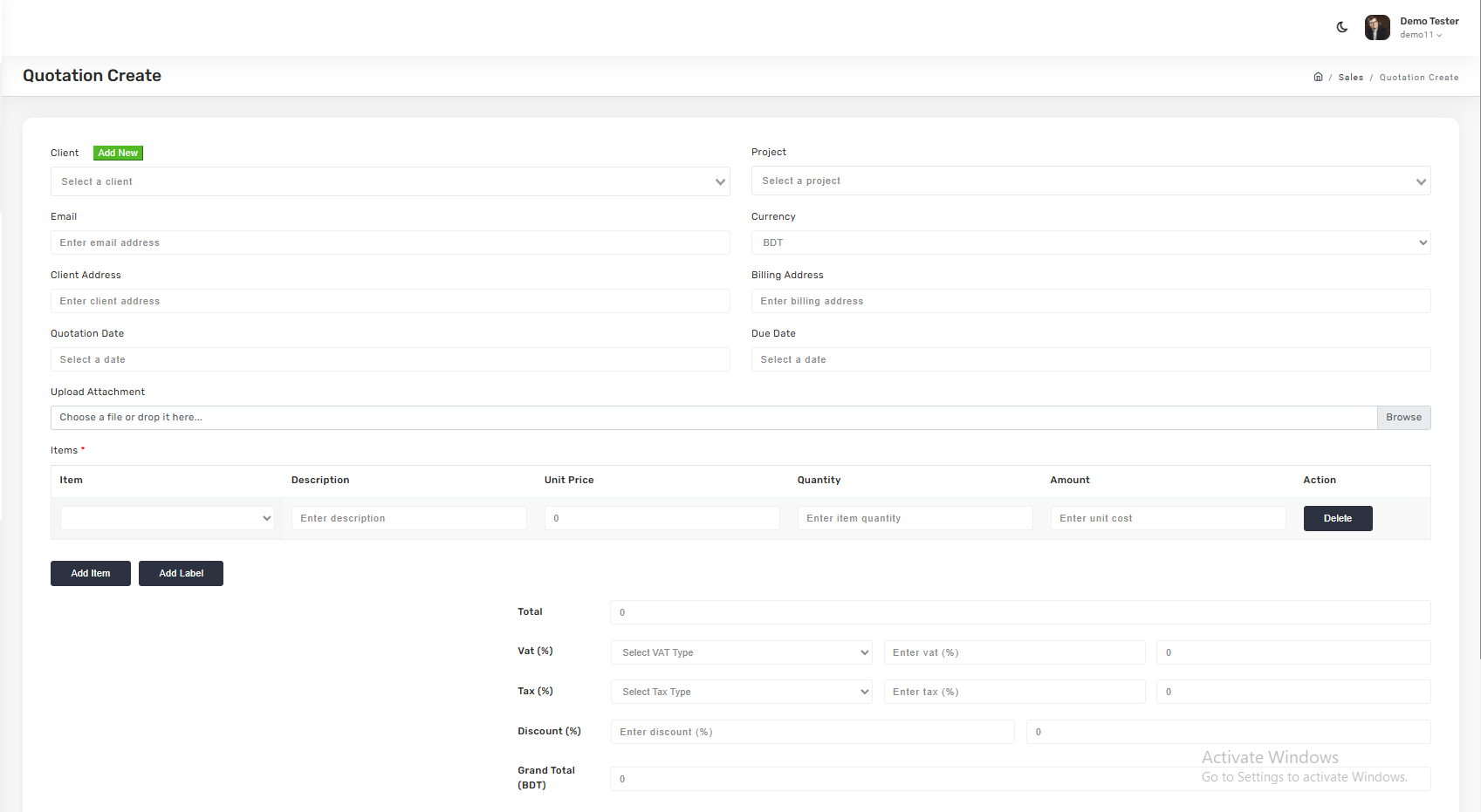 Create quotation form