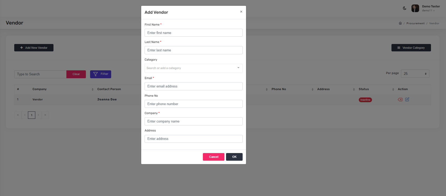 Add vendor dialog