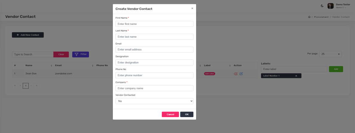 Add vendor contact dialog