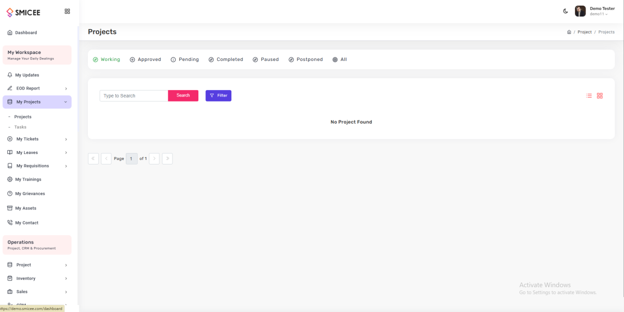 My projects filtered view