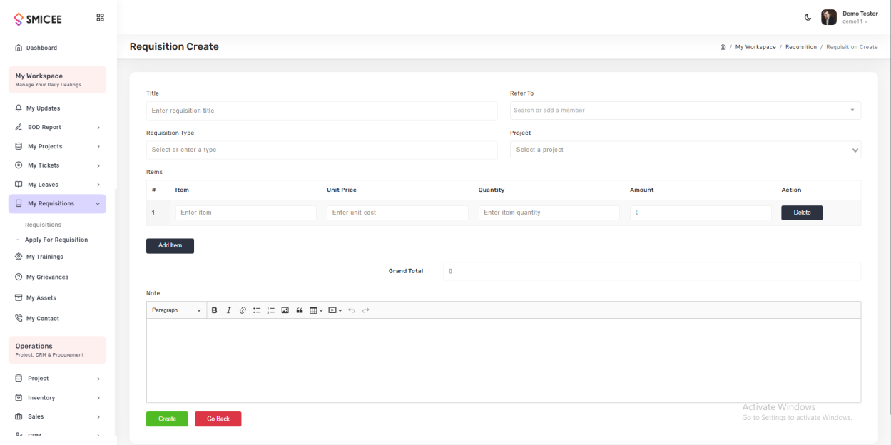Create requisition form with item rows
